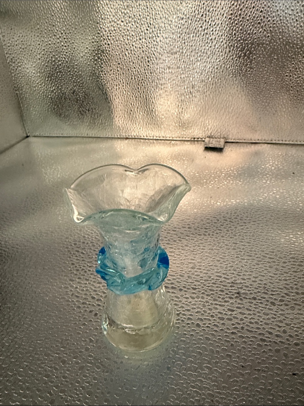 Vintage Mid Century Clear Crackle Bud Vase with an aqua colored ribbon around